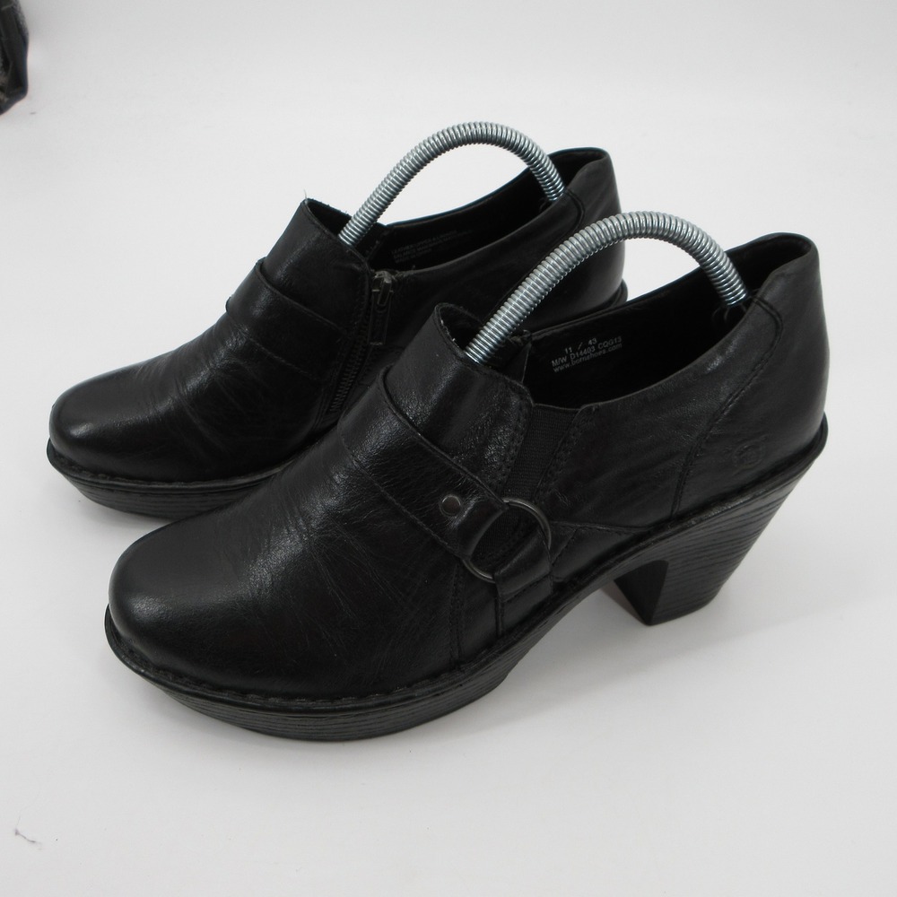 Born Black Leather Platform Ankle Booties Block Heel Shooties D14403 Size 11